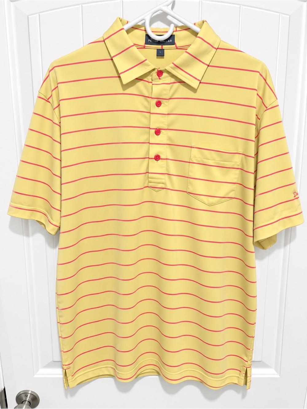 Peter Millar Summer Comfort Men’s L Yellow Pink Stripe Whisper Rock Golf Polo